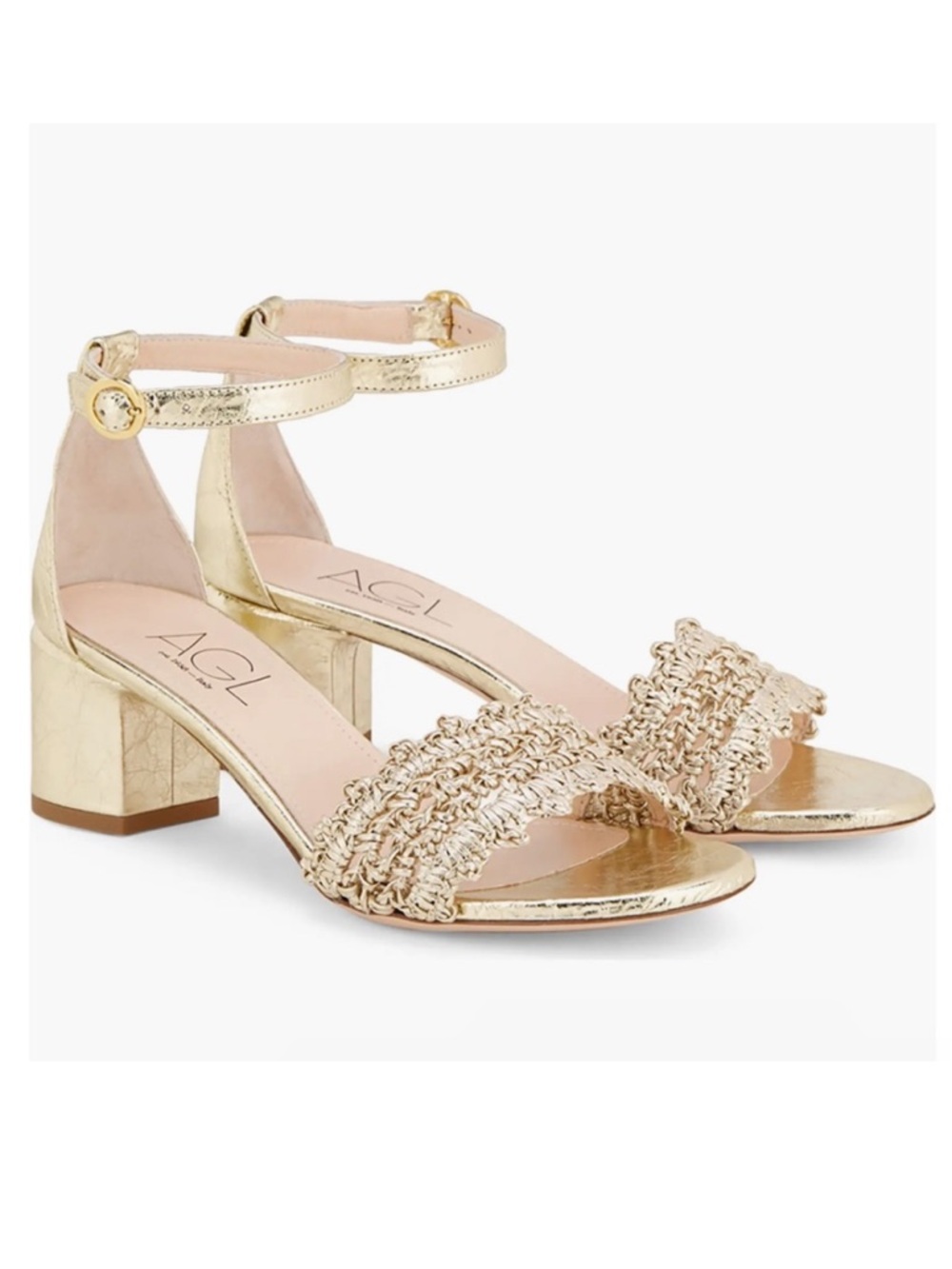 AGL
Crochet Penny Block Heel Sandal in Golden Platino color size 36.5 US 6.5